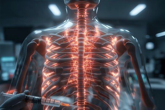 Skeletal structure illuminated by vibrant neon veins in a medical facility at twilight. Generative AI
