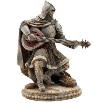 PNG of A skilled male knight in detailed armor playing a lute, exuding a charming medieval vibe. white or transparent Bg