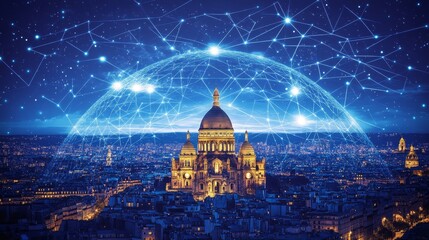 Fototapeta premium Network Of Connections Above Cityscape With Iconic Building In Digital Blue Design, Paris