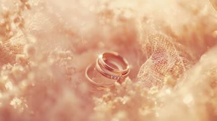 Fototapeta premium Golden Wedding Rings Resting on Delicate Fabric