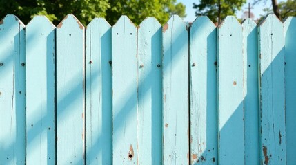 Fototapeta premium A Weathered Light Blue Wooden Fence Panel with Diagonal Shadows on a Sunny Day