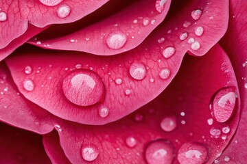 Fototapeta premium Close-up of dewdrops glistening on maroon rose petals showcasing vibrant colors and delicate textures in soft natural light