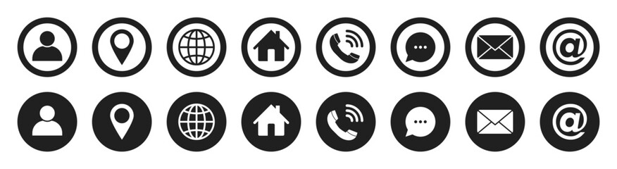 phone, address, email, person, contact icons collection