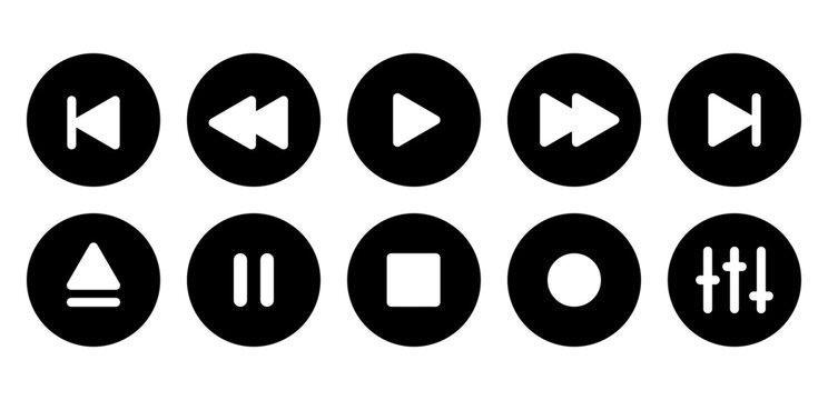 digital media player user interface buttons, analog black round solid pictogram vector set