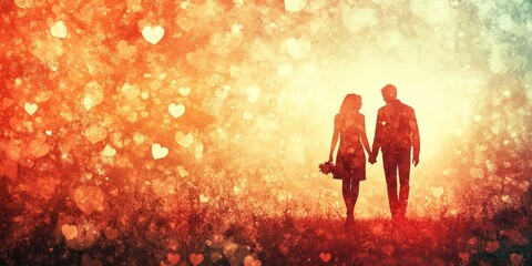 Enchanting Love Story Romantic Couple Walking Hand in Hand Surrounded by Glowing Hearts and Floral Textures with Copy Space for Text