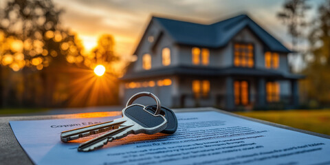 Keys resting on a document with a new home in the background during sunset, symbolizing homeownership and new beginnings