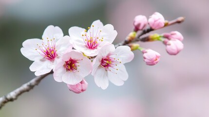 Fototapeta premium Delicate pink cherry blossoms bloom on a branch during a bright spring day in a garden.
