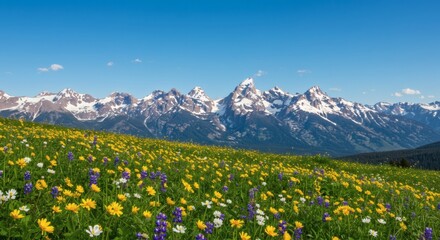 Vibrant Wildflower Meadow with Majestic Mountain Range