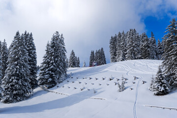 Scenic snowy landscape at Swiss ski resort Flumserberg on a winter day. Photo taken January 29th, 2025, Flumserberg, Switzerland.