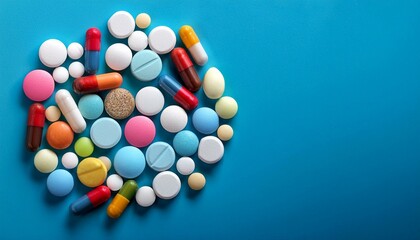 Many pills, different shapes and different colors on a blue background. 