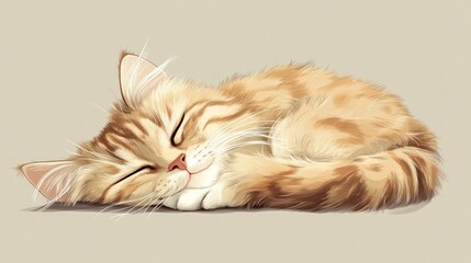 Adorable ginger kitten curled up sleeping peacefully on a neutral background.