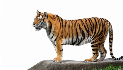 Obraz premium Tiger standing isolated on a white background. Wild animal portrait with detailed fur texture, powerful predator concept and clean minimal composition with copy space.