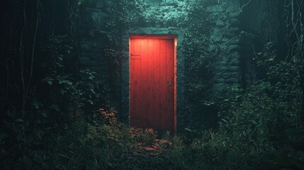 Mysterious Red Door in Enchanted Forest Setting with Lush Greenery