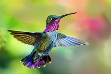 Fototapeta premium Vibrant hummingbird hovers in mid air, its colorful feathers and outstretched wings creating a spectacle of nature's beauty