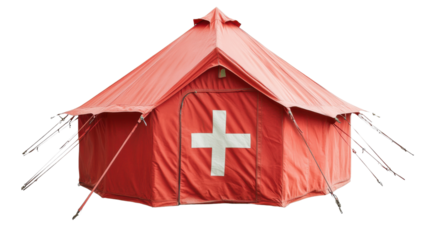 Red tent with cross sign isolated on white background 