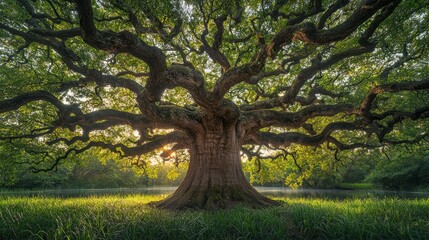 Majestic Oak Tree by the Serene Lake at Golden Hour Nature Photography Tranquil Environment Wide Angle View