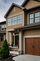 Luxury Home Exterior: Modern Architectural Design, Stone and Wood Facade, Landscaping