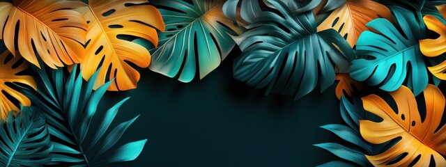 Fototapeta premium Tropical Paradise: Vibrant Teal and Golden Monstera Leaves Banner