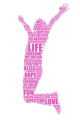 silhouette tag cloud of a jumping man about happiness concept