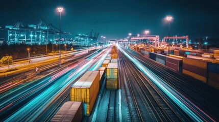 Obraz premium Night View of Cargo Train and Container Terminal