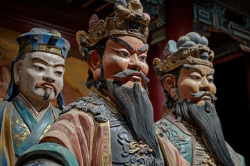 Ancient Chinese temple statues, regal figures, intricate detail, cultural heritage, historical site.