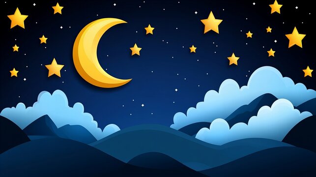 Peaceful night sky with crescent moon and stars over rolling hills.