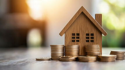 Wooden house model with stacked coins symbolizing real estate investment, mortgage finance, property value growth, and home savings concepts for financial services promotions and real estate marketing