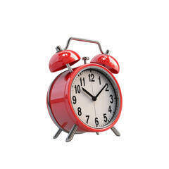 A classic red alarm clock with a white face and black numerals, featuring two bells on top and a sturdy base.