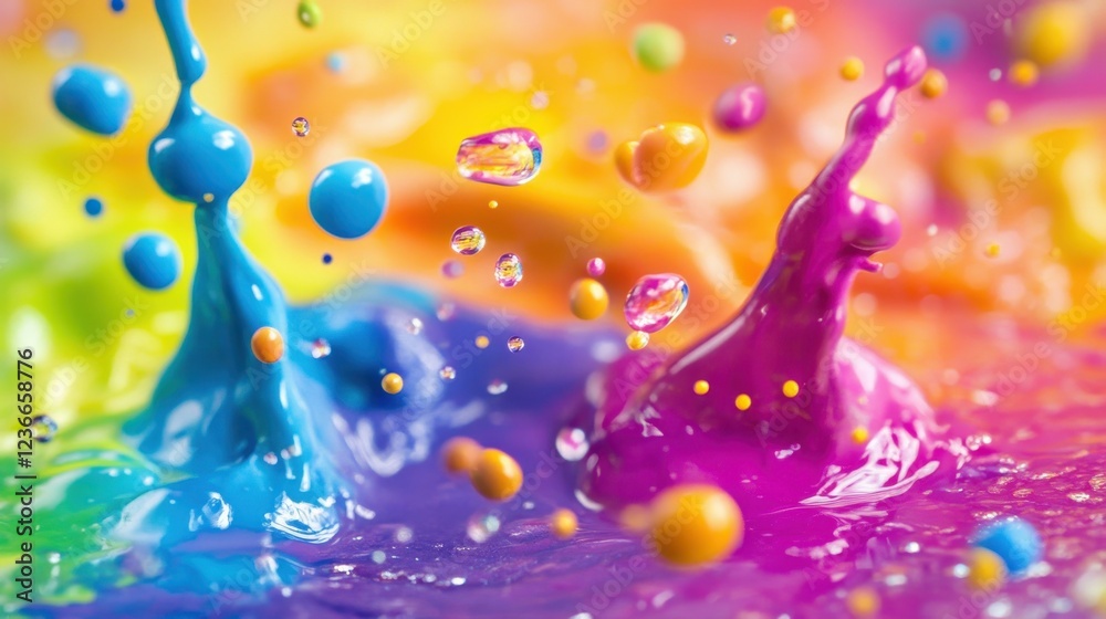 Fototapete Colorful splashes of paint create a vibrant display in a studio setting during an artistic experiment with liquid motion