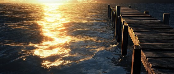Golden Sunset Reflected on Water with Dock and Calm Waves