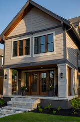Obraz premium Modern House Exterior: Contemporary Home Design and Architecture. Luxury Real Estate Property with Stunning Facade and Landscaping.