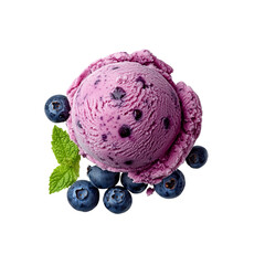 A luscious scoop of blueberry ice cream garnished with fresh blueberries and mint leaves.