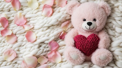 Pink teddy bear holding a knitted red heart, lying on a white knitted blanket with rose petals. Valentine's Day love and gift concept.
