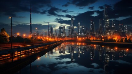 Fototapeta premium Night Cityscape Reflection: Industrial Metropolis at Dusk