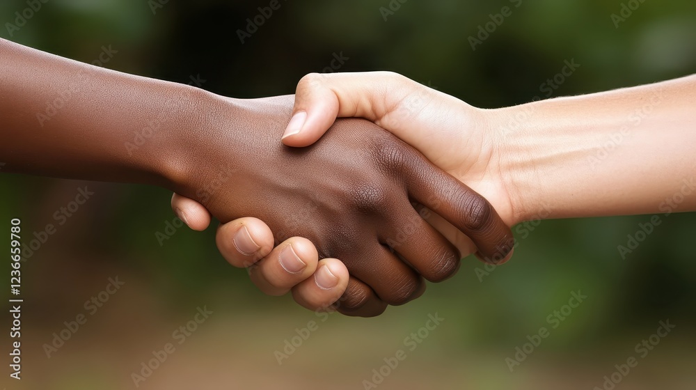 Poster collaboration and unity represented through a handshake between two individuals against a vibrant or