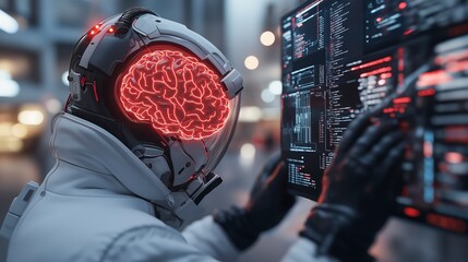 Astronaut interacts with advanced technology while showcasing a glowing brain in a futuristic environment