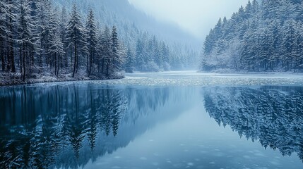 Fototapeta premium Tranquil Reflection of Winter Forest on Frozen Lake Snowy Landscape Serene Nature Calm Waters Beautiful Scenery