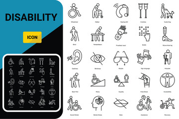 Disability icon set. icons related to disability. Disabled people. Editable stroke. Vector illustration