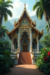 A beautifully decorated Buddhist temple with golden and teal details, set amidst tropical palm trees, featuring a stunning multi-tiered roof and an inviting red staircase.