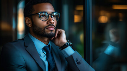 Thoughtful businessman in a suit gazing out of a window, perfect for corporate websites, professional development blogs, business presentations, and leadership articles
