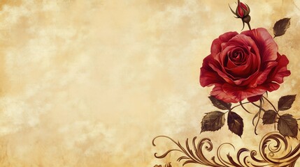 Vintage - style red rose with an unopened bud on an aged - paper background. Valentine's Day romantic and classic concept.