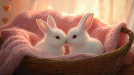 Two white rabbits snuggling together in a wicker basket, touching noses on a soft pink blanket, perfect for Valentine’s Day.