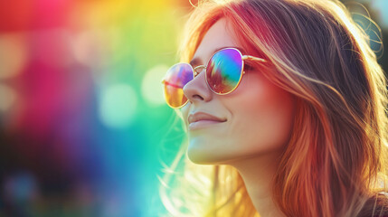 Smiling woman wearing reflective rainbow sunglasses in vibrant sunlight, perfect for summer fashion campaigns, lifestyle blogs, festival promotions, and inspirational social media content