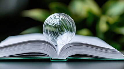Glass sphere on open book, green background, knowledge
