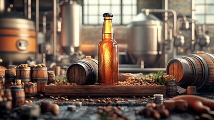 Craft Beer Brewing Process Vintage Brewery with Wooden Barrels and Machinery