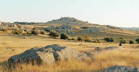 Serene Landscape: Golden Meadow with Rocky Hillside