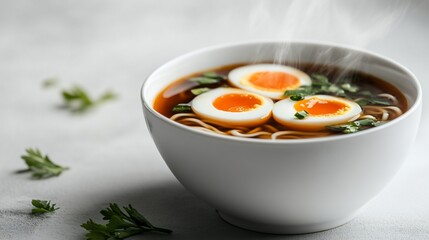 Steaming Bowl of Ramen Noodles with Soft Boiled Eggs