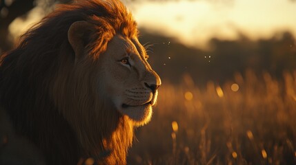 Naklejka premium Majestic lion resting in golden grass during sunset in a serene wildlife landscape