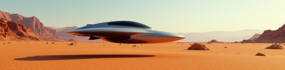 Sleek, metallic craft hovering over desert landscape, dark, futuristic