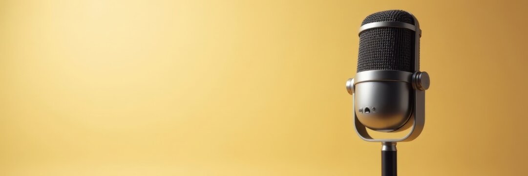 Retro microphone, beige background Classic audio equipment , voice, broadcast